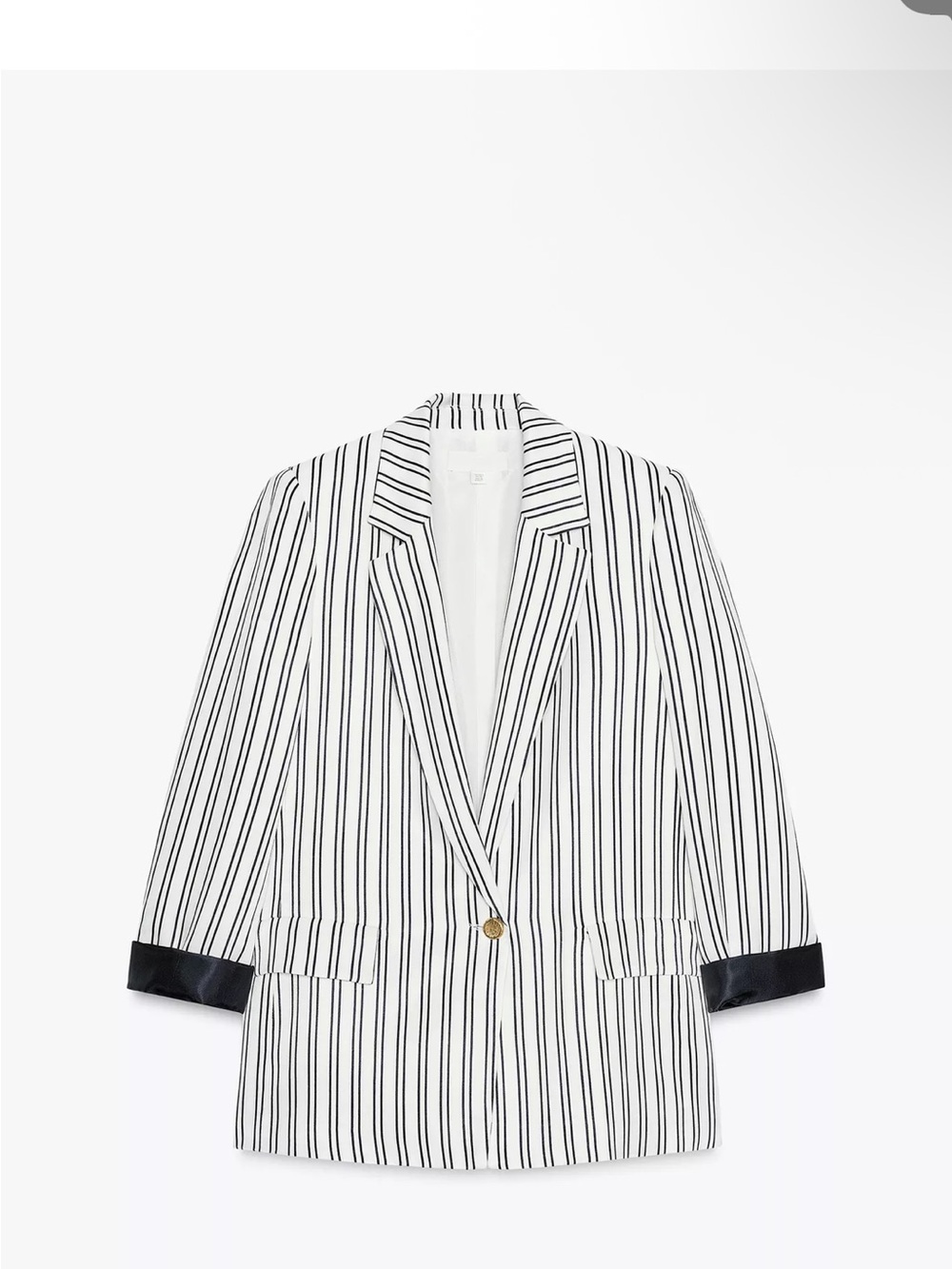 Zara White Blazer with Black Pinstripes and Gold Button